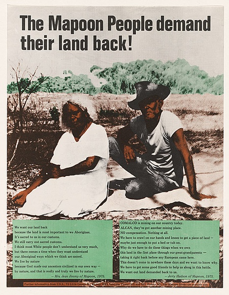 Artist: b'Bolzan, Rick.' | Title: b'The Mapoon people demand their land back!.' | Date: 1975 | Technique: b'offset-lithograph, printed in colour, from multiple plates'