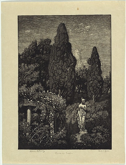 Artist: b'LINDSAY, Lionel' | Title: b'Romantic garden' | Date: 1922 | Technique: b'wood-engraving, printed in black ink, from one block' | Copyright: b'Courtesy of the National Library of Australia'