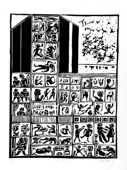 Artist: b'Allen, Joyce.' | Title: b'High rise life.' | Date: 1973 | Technique: b'linocut, printed in black ink, from one block'