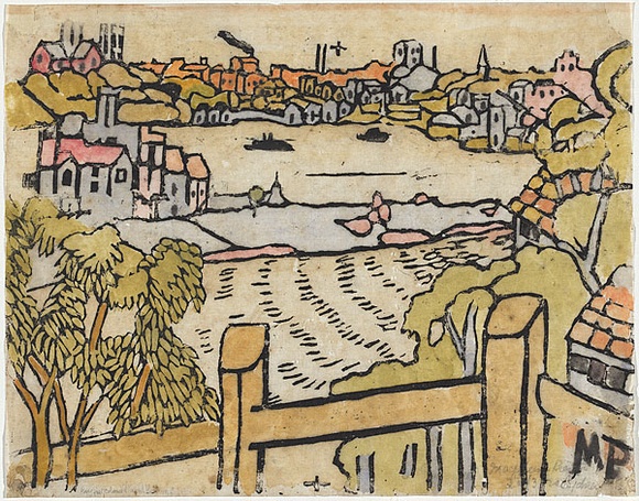 Artist: b'PRESTON, Margaret' | Title: b'Mosman Bay' | Date: 1920, 26 March | Technique: b'woodcut, printed in black ink, from one block; hand-coloured' | Copyright: b'\xc2\xa9 Margaret Preston. Licensed by VISCOPY, Australia'