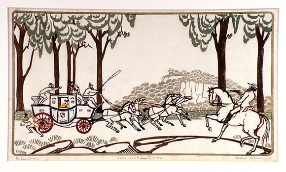 Artist: b'Palmer, Ethleen.' | Title: b'On the road to Sydney c.1850.' | Date: 1937 | Technique: b'linocut, printed in colour, from multiple blocks'