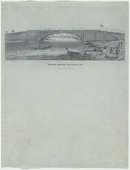 Artist: b'Ham, Thomas.' | Title: b'Princes Bridge, Melbourne, opened Novr 15th. 1850' | Date: 1850 | Technique: b'line-engraving, printed in black ink, from one copper plate'