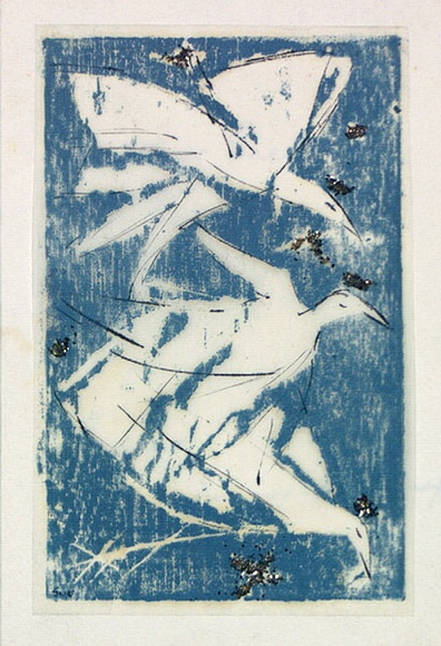 Artist: b'Buckley, Sue.' | Title: b'not titled [Christmas card to Daniel Thomas].' | Date: c.1966 | Technique: b'woodcut, printed in blue ink, from one block; pen and ink with silver glitter'