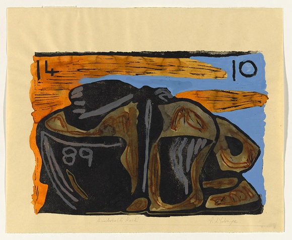 Artist: bL'Estrange, Sally. | Title: bThunderbolt's rock. | Date: 1989 | Technique: b'woodcut, printed in black ink, from one block; gouache and pastel additions'