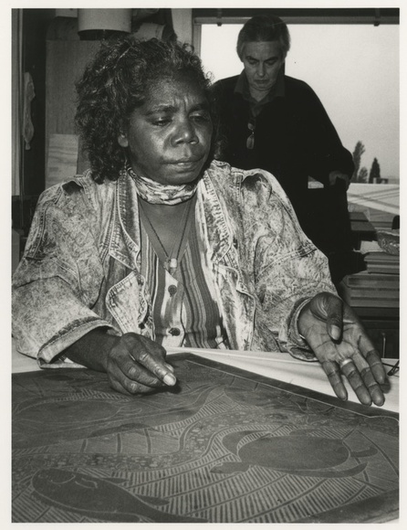 Artist: b'Heath, Gregory.' | Title: b'Banduk Marika, working on a linocut, Studio One, Canberra, 1986.' | Date: 1986