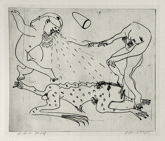 Artist: b'BOYD, Arthur' | Title: b'Nebuchadnezzar with dancing figure and satellite.' | Date: (1968-69) | Technique: b'etching, printed in black ink, from one plate' | Copyright: b'Reproduced with permission of Bundanon Trust'