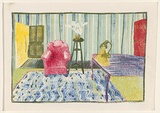 Artist: b'Eager, Helen.' | Title: b'(Lounge room with red arm chair).' | Date: 1975 | Technique: b'lithograph, printed in colour, from multiple plates'