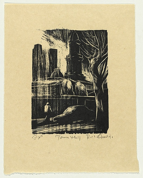 Artist: b'AMOR, Rick' | Title: b'Town Hall (Collingwood).' | Date: 1991 | Technique: b'woodcut, printed in black ink, from one block'