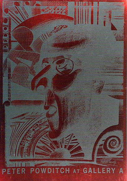 Artist: b'Sharp, Martin.' | Title: b'Peter Powditch at Gallery A.' | Date: c.1972 | Technique: b'screenprint, printed in colour, from one stencil'