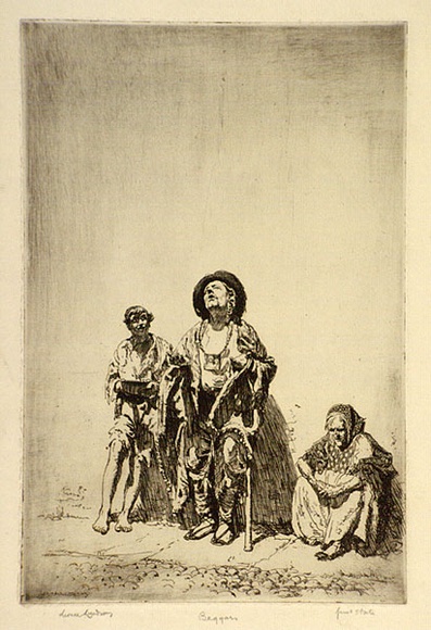 Artist: b'LINDSAY, Lionel' | Title: b'Beggars, Spain' | Date: 1923 | Technique: b'etching, printed in black ink with plate-tone, from one plate' | Copyright: b'Courtesy of the National Library of Australia'