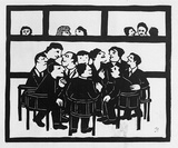 Artist: b'Allen, Joyce.' | Title: b'Huddle.' | Date: 1990 | Technique: b'linocut, printed in black ink, from one block'