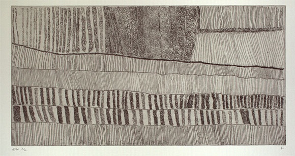 Artist: b'Kantilla, Kitty. (Kutuwalumi Purawarrumpatu).' | Title: b'not titled I [vertical columns of scribbled lines and straight lines]' | Date: 2001, February - March | Technique: b'etching, printed in black, from one plate' | Copyright: b'\xc2\xa9 Kitty Kantilla and Jilamara Arts + Craft'