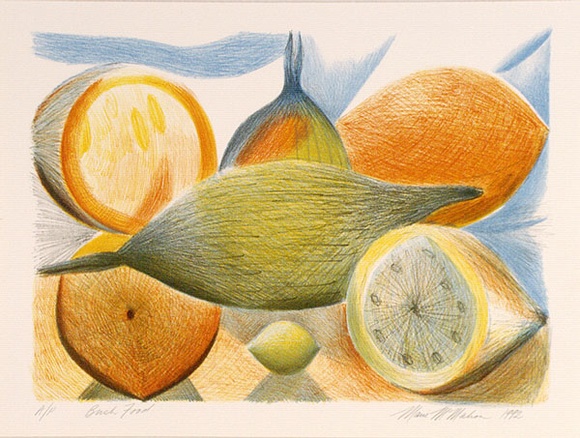 Artist: b'McMahon, Marie.' | Title: b'Bush food.' | Date: 1992 | Technique: b'lithograph, printed in four colour, from four stones [or plates]' | Copyright: b'\xc2\xa9 Marie McMahon. Licensed by VISCOPY, Australia'