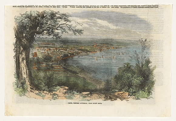 Title: b'Perth, Western Australia, from Mount Eliza' | Date: 1856 | Technique: b'wood-engraving, printed in black ink, from one block; hand-coloured'