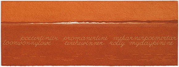 Artist: b'MADDOCK, Bea' | Title: b'Terra Spiritus...with a darker shade of pale' | Date: 1993-98 | Technique: b'stencil print, printed in hand-ground Launceston ochre from multiple hand-cut mylar stencils; letterpress text blind printed; hand-drawn script'