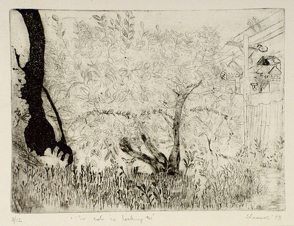 Artist: b'Shearer, Mitzi.' | Title: b'The cat is looking on' | Date: 1979 | Technique: b'etching, printed in black ink, from one  plate'