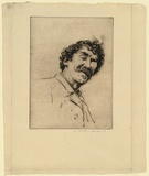 Artist: b'Menpes, Mortimer.' | Title: b'Head of Whistler - head tilted with monocle.' | Date: c.1895 | Technique: b'drypoint, printed in black ink, from one plate'