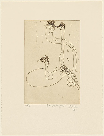 Artist: b'Olsen, John.' | Title: b'Emus by the lake' | Date: 1975 | Technique: b'etching, printed in brown ink with plate-tone, from one zinc plate' | Copyright: b'\xc2\xa9 John Olsen. Licensed by VISCOPY, Australia'