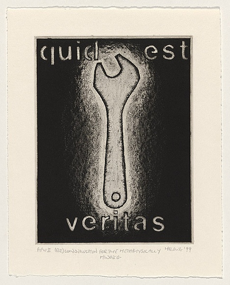 Artist: b'Harding, Richard.' | Title: b'(Re)construction for the metaphysically minded' | Date: 1999, November | Technique: b'etching and aquatint, printed in black ink, from one plate; penciled additions'