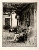 Artist: b'Menpes, Mortimer.' | Title: b'(Peasant woman seated in a courtyard)' | Date: 1914 | Technique: b'etching and drypoint, printed in black ink, from one plate'