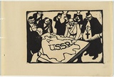 Artist: b'UNKNOWN, WORKER ARTISTS, SYDNEY, NSW' | Title: b'Not titled (meeting around USSR map).' | Date: 1933 | Technique: b'linocut, printed in black ink, from one block'