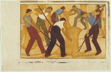 Artist: Spowers, Ethel. | Title: Harvest | Date: 1932 | Technique: linocut, printed in colour, from five blocks (light yellow ochre, darker yellow ochre, red sienna, reddish brown, light cobalt blue)