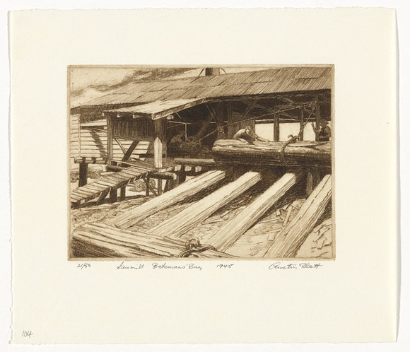Artist: b'PLATT, Austin' | Title: bSawmill, Baterman's Bay | Date: 1945 | Technique: b'etching, printed in black ink, from one plate'