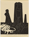 Artist: b'Thake, Eric.' | Title: b'Greeting card: Christmas (Self-portrait amoung the Ant hills)' | Date: 1950 | Technique: b'linocut, printed in black ink, from one block'
