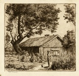 Artist: Farmer, John. | Title: The hut. | Date: c.1960 | Technique: etching, printed in brown ink with plate-tone, from one plate