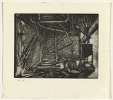 Artist: b'Gittoes, George.' | Title: b'Stairs' | Date: 1991 | Technique: b'etching, printed in black ink, from one plate'