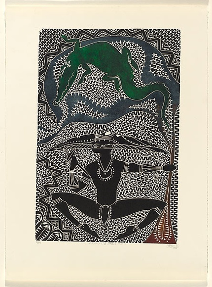 Artist: b'Mackie, Glen.' | Title: b'Zogo Le (Holy man)' | Date: 2002 | Technique: b'linocut, printed in colour, from one block'