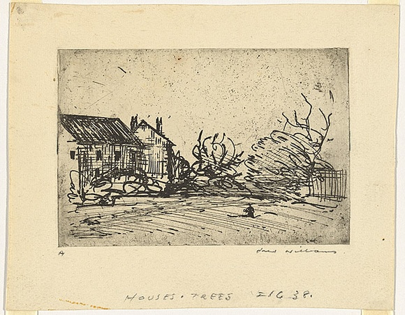 Artist: b'WILLIAMS, Fred' | Title: b'Houses and trees' | Date: 1954-55 | Technique: b'etching, aquatint and foul biting, printed in black ink with plate-tone, from one zinc plate' | Copyright: b'\xc2\xa9 Fred Williams Estate'