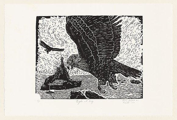 Artist: b'Gilbert, Kevin.' | Title: b'Eagles at bay' | Date: 1967 | Technique: b'linocut, printed in black ink, from one block'