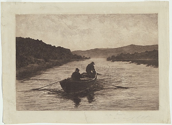 Artist: b'Hopkins, Livingston.' | Title: b'An Australian lagoon [Fishermen on the Hawkesbury River].' | Date: 1888 | Technique: b'etching, printed in brown ink, from one plate'