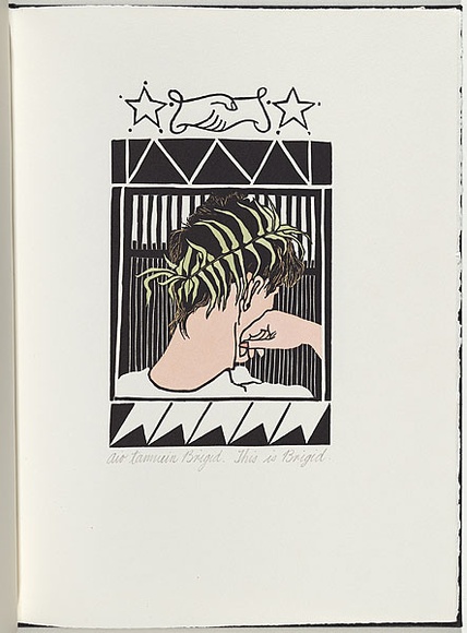 Artist: b'White, Robin.' | Title: b'Not titled (this is Brigid).' | Date: 1985 | Technique: b'woodcut, printed in black ink, from one block; hand-coloured'