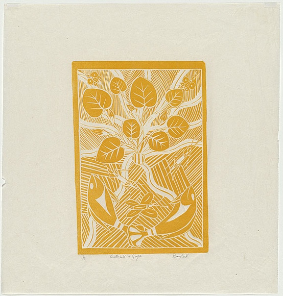 Artist: b'Marika, Banduk.' | Title: b'Waterlili and Gaya.' | Date: 1983 | Technique: b'linocut, printed in yellow ink, from one block'