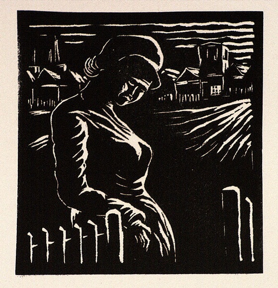 Artist: b'Carter, Maurie.' | Title: b'(Woman at gate).' | Date: 1949 | Technique: b'linocut, printed in black ink, from one block'