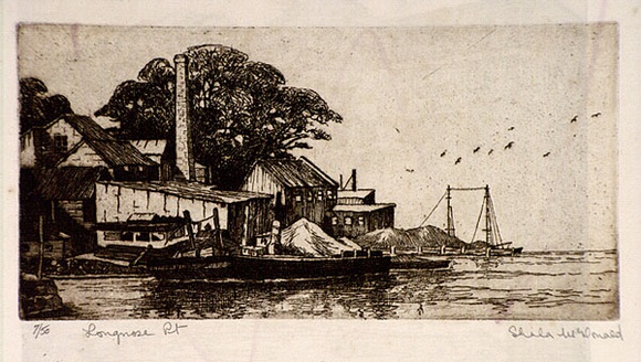 Artist: b'McDonald, Sheila.' | Title: b'Longnose Point [recto]; (House with trees by the harbour edge) [verso]' | Date: c.1932 | Technique: b'[recto] etching, aquatint printed in brown ink with plate-tone[verso] intaglio [verso] etching, aquatint printed in brown ink with plate-tone and red fibre-tipped pen'