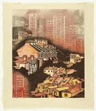 Artist: b'Thorpe, Lesbia.' | Title: b'Take-over' | Date: 1982 | Technique: b'woodcut, printed in colour, from four blocks'