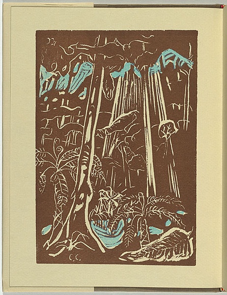 Artist: b'Coleman, Constance.' | Title: b'Not titled (trees).' | Date: 1982 | Technique: b'linocut, printed in brown and pale blue ink, from two blocks'