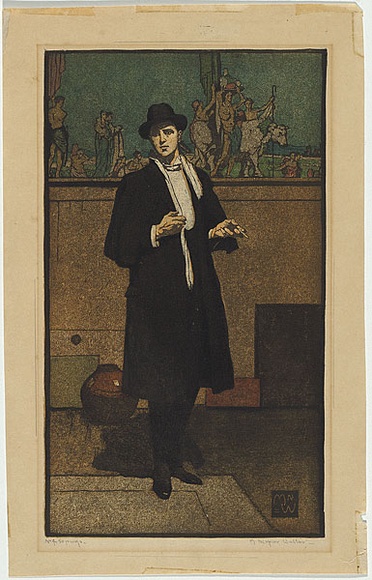 Artist: b'Waller, M. Napier.' | Title: b'The man in black.' | Date: 1925 | Technique: b'linocut, printed in colour, from multiple blocks'