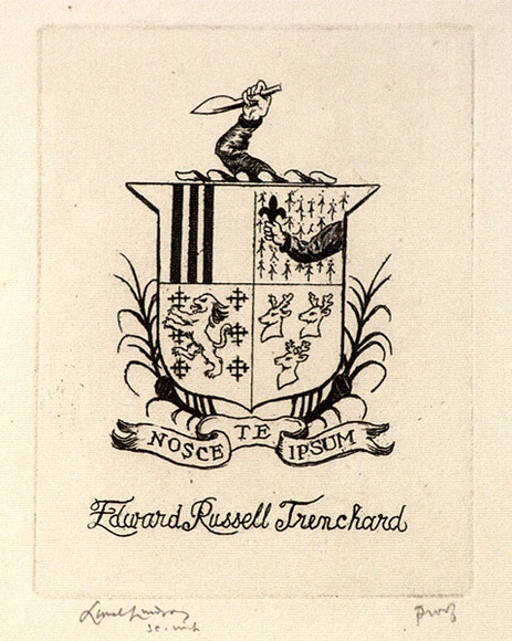 Artist: b'LINDSAY, Lionel' | Title: b'Book plate: Russell Trenchard' | Date: 1951 | Technique: b'etching, printed in black ink, from one plate' | Copyright: b'Courtesy of the National Library of Australia'