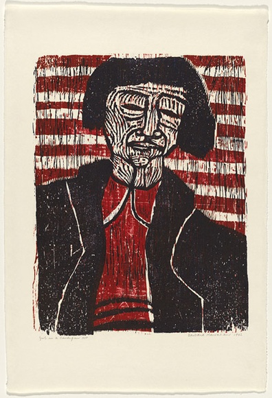 Artist: b'HANRAHAN, Barbara' | Title: b'Girl in a cardigan' | Date: 1962 | Technique: b'woodcut, printed in colour, from two blocks'