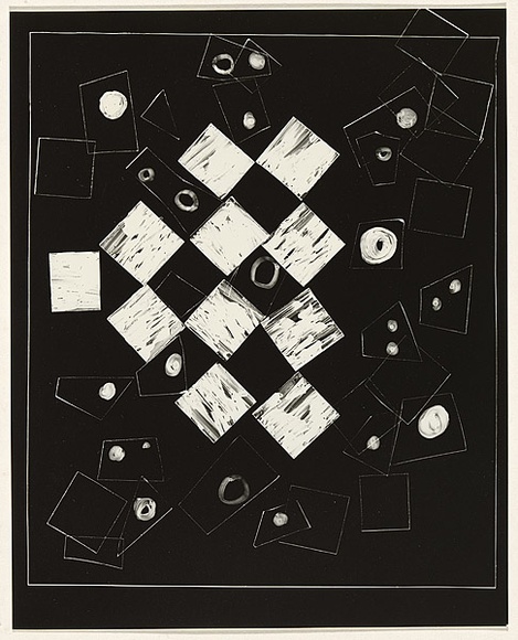 Title: b'not titled [abstract composition 1: group of squares at centre]' | Date: c.1993 | Technique: b'clich\xc3\xa9-verre, printed in black, from hand-drawn negative'