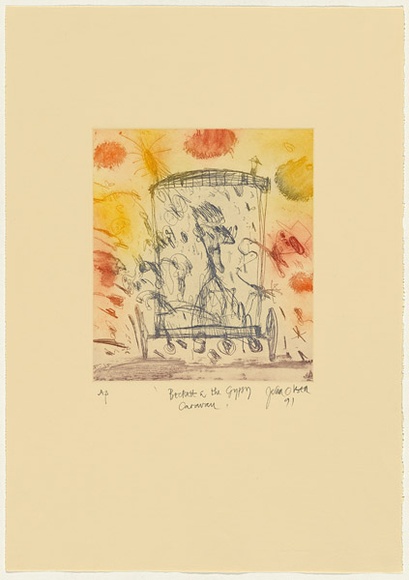 Artist: b'Olsen, John.' | Title: b'Beckett and the gypsy caravan' | Date: 1991 | Technique: b'etching, aquatint, printed in colour with plate-tone, from one plate' | Copyright: b'\xc2\xa9 John Olsen. Licensed by VISCOPY, Australia'