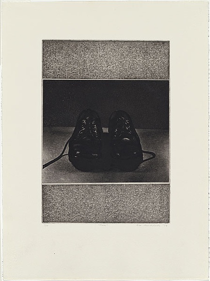 Artist: b'MADDOCK, Bea' | Title: b'Shoes' | Date: 1974 | Technique: b'etching, photo-etching and aquatint, printed in black ink, from two plates'
