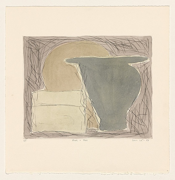 Title: b'Vase and box' | Date: 1984 | Technique: b'drypoint, printed in black ink, from one perspex plate; hand-coloured'