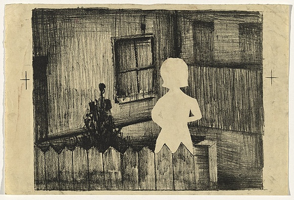 Artist: b'Blackman, Charles.' | Title: b'Figure by fence.' | Date: (1953-57) | Technique: b'lithograph'