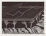 Artist: b'COLEING, Tony' | Title: b'Battlefield (hands holding right side of tennis court).' | Date: 1986 | Technique: b'linocut, printed in black ink, from one block'