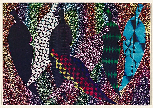 Artist: b'McDiarmid, David.' | Title: b'Postcard (Leaves)' | Date: 1985 | Technique: b'screenprint, printed in colour, from multiple stencils; collage' | Copyright: b'Courtesy of copyright owner, Merlene Gibson (sister)'